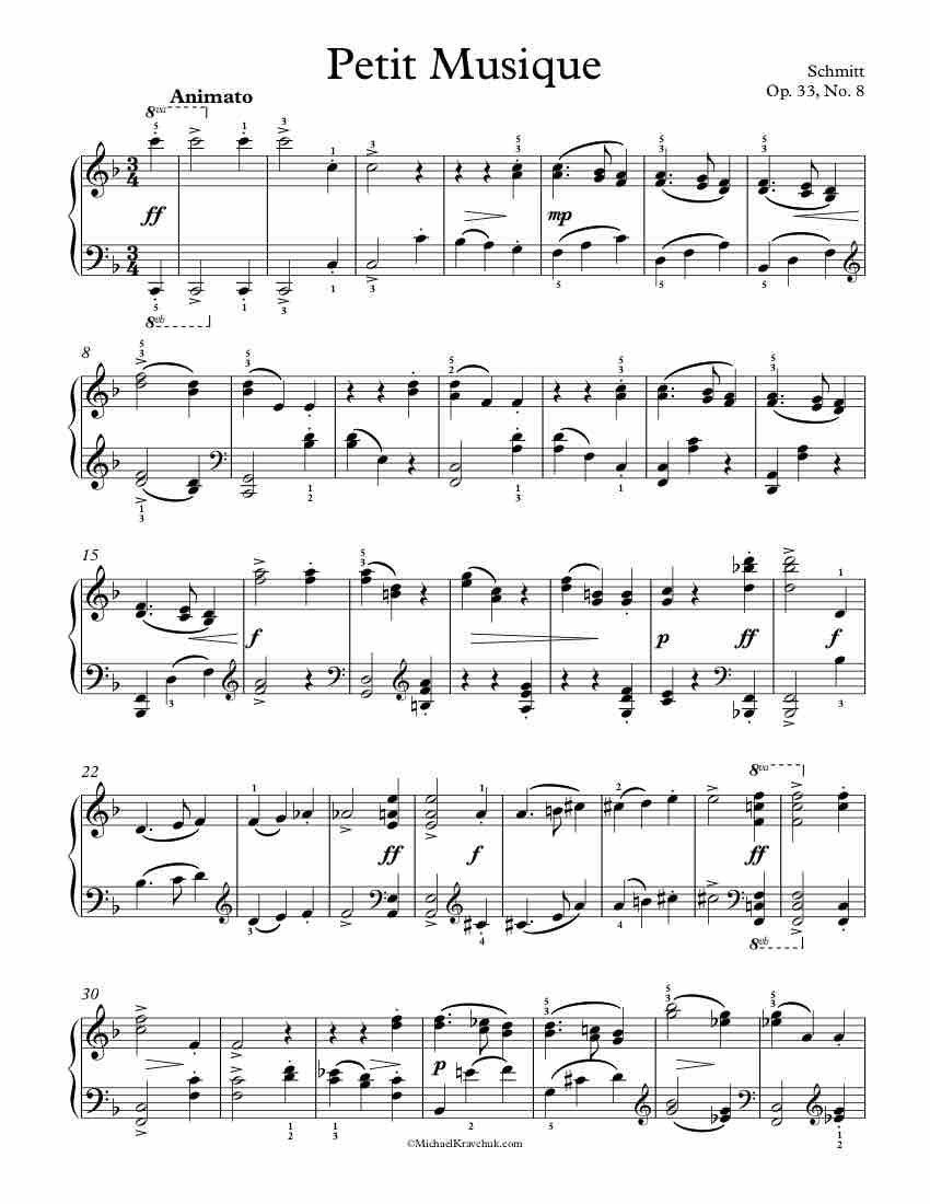 Free Piano Sheet Music -  Petit Musique Op. 33, No. 8 - Schmitt
