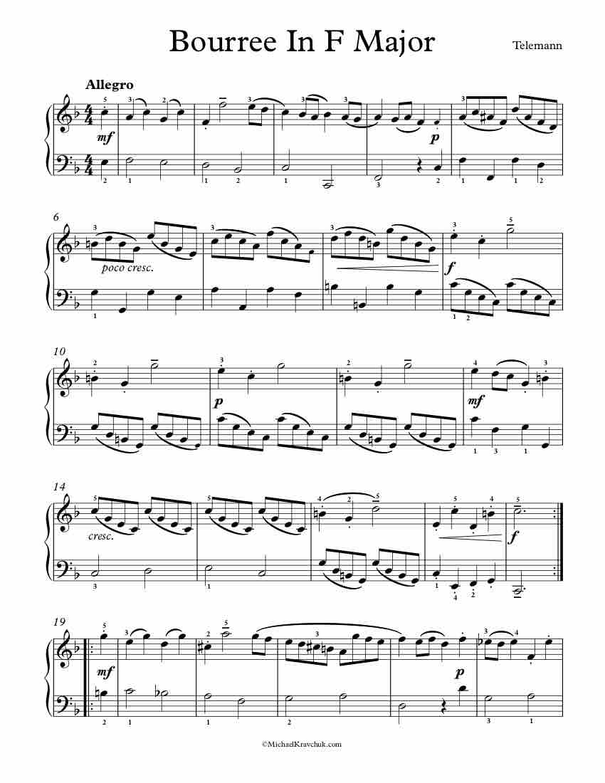 Free Piano Sheet Music - Bourree - Telemann