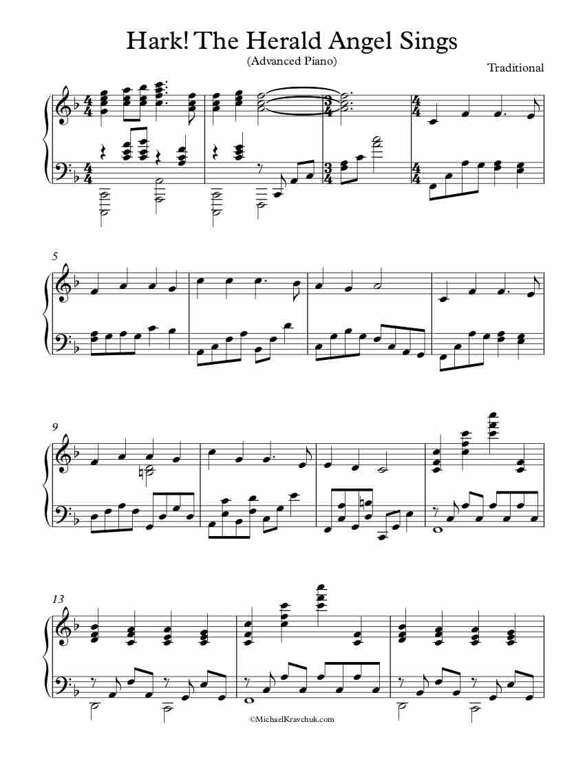 Free Piano Arrangement Sheet Music – Hark The Herald Angel Sings - Advanced