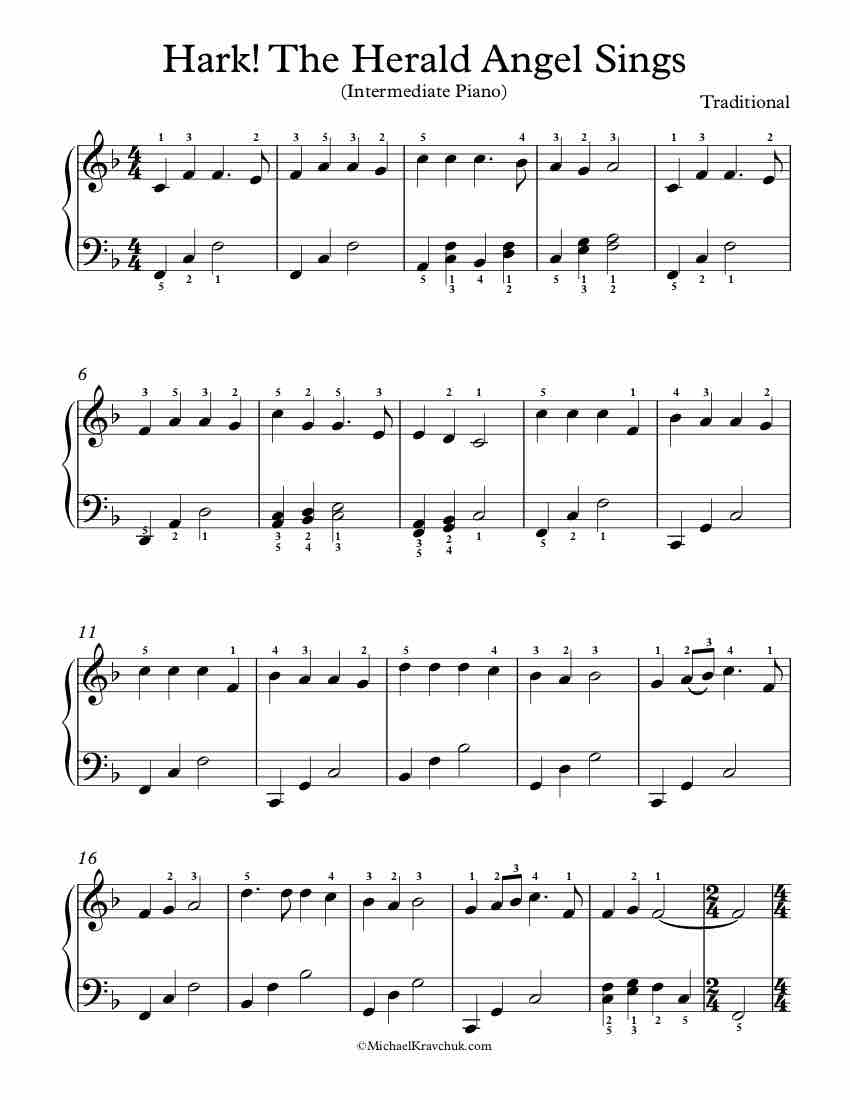 Free Piano Arrangement Sheet Music – Hark The Herald Angel Sings - Intermediate