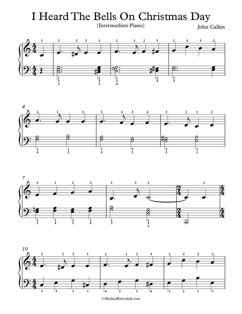 Intermediate Difficulty Piano Arrangement of I Heard The Bells On Christmas Day