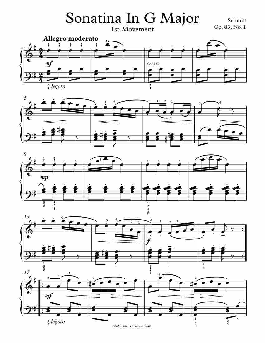 Free Piano Sheet Music - Sonatina Op. 83, No. 1, 1st Movement - Schmitt 