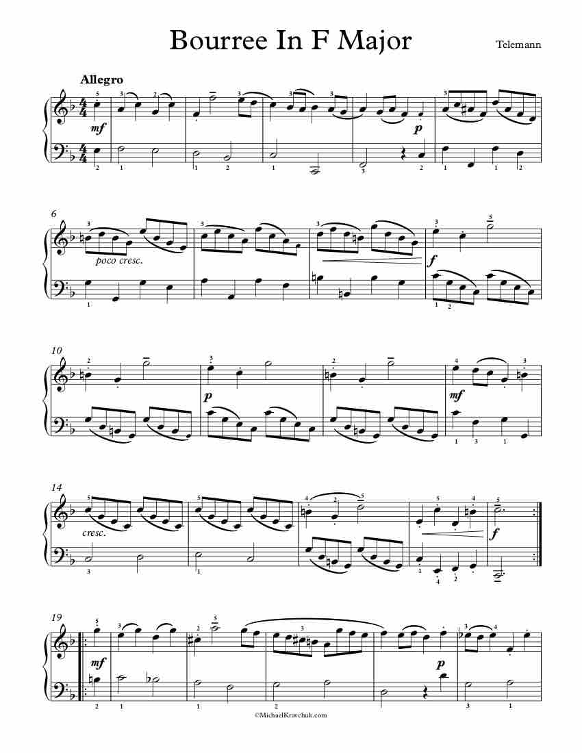 Free Piano Sheet Music - Bourree In F Major - Telemann