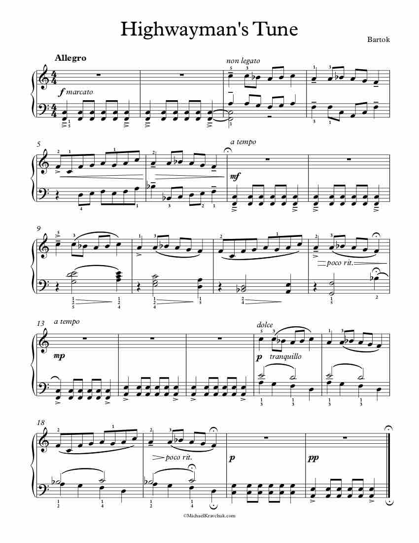 Free Piano Sheet Music - Highwayman's Tune - Bartok