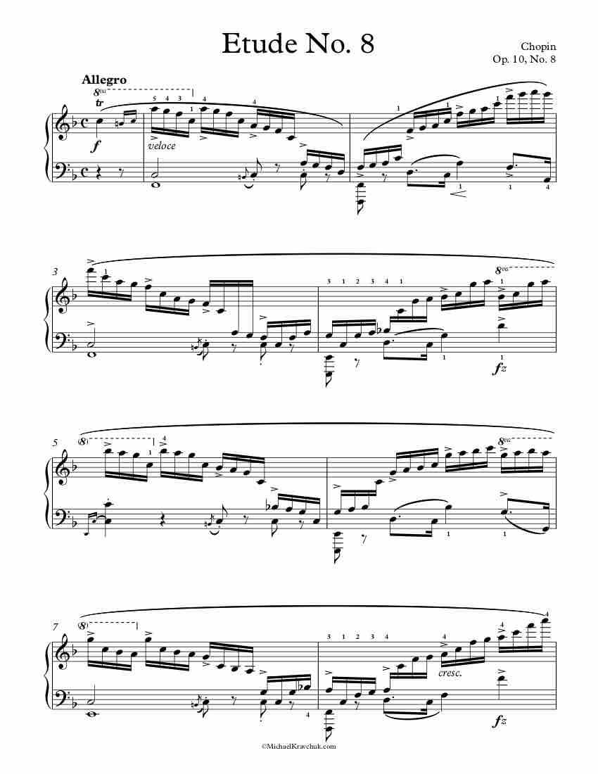 Free Piano Sheet Music - Etude No. 8 - Sunshine - Op. 10, No. 8 - Chopin