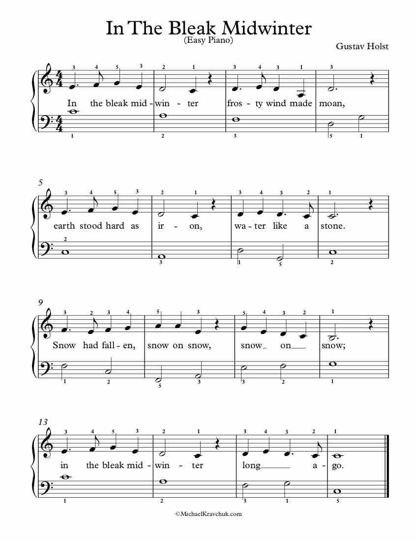 Free Piano Arrangement Sheet Music – In The Bleak Midwinter - Easy