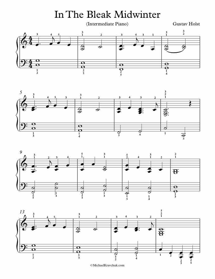 Free Piano Arrangement Sheet Music – In The Bleak Midwinter - Intermediate