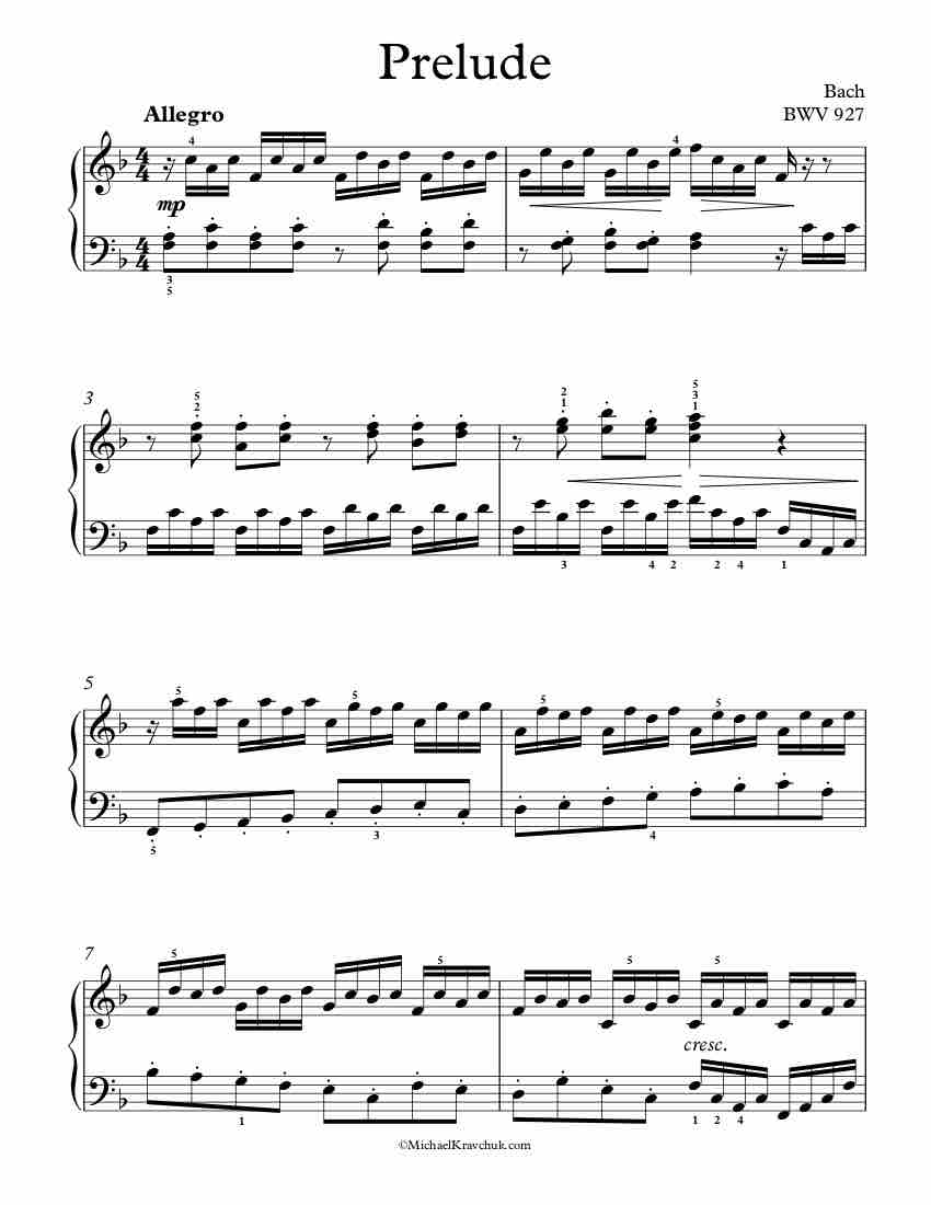Free Piano Sheet Music - Prelude BWV 927 - Bach