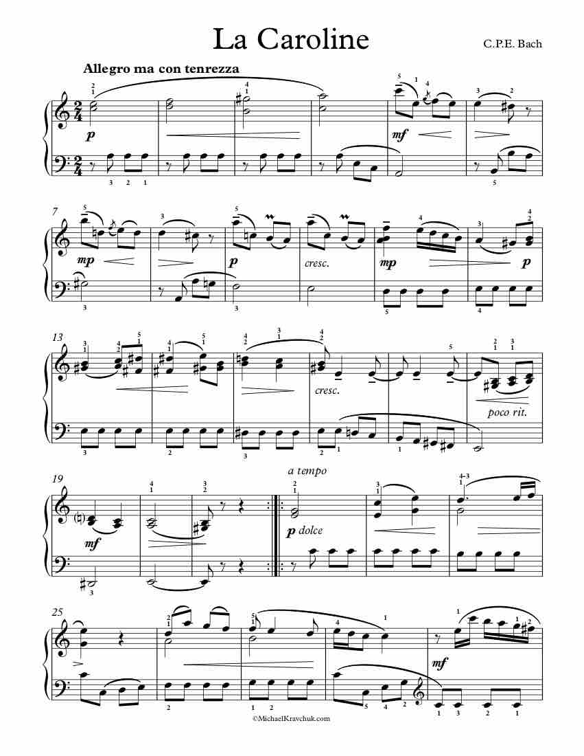 Free Piano Sheet Music - La Caroline - Bach