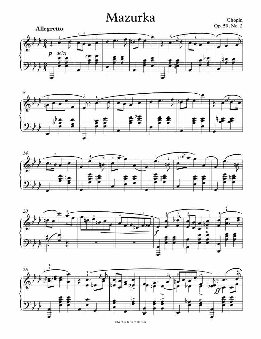 Free Piano Sheet Music - Mazurka Op. 59, No. 2 - Chopin