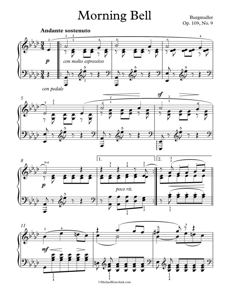 Free Piano Sheet Music - Morning Bell Op. 109, No. 9 - Burgmuller 