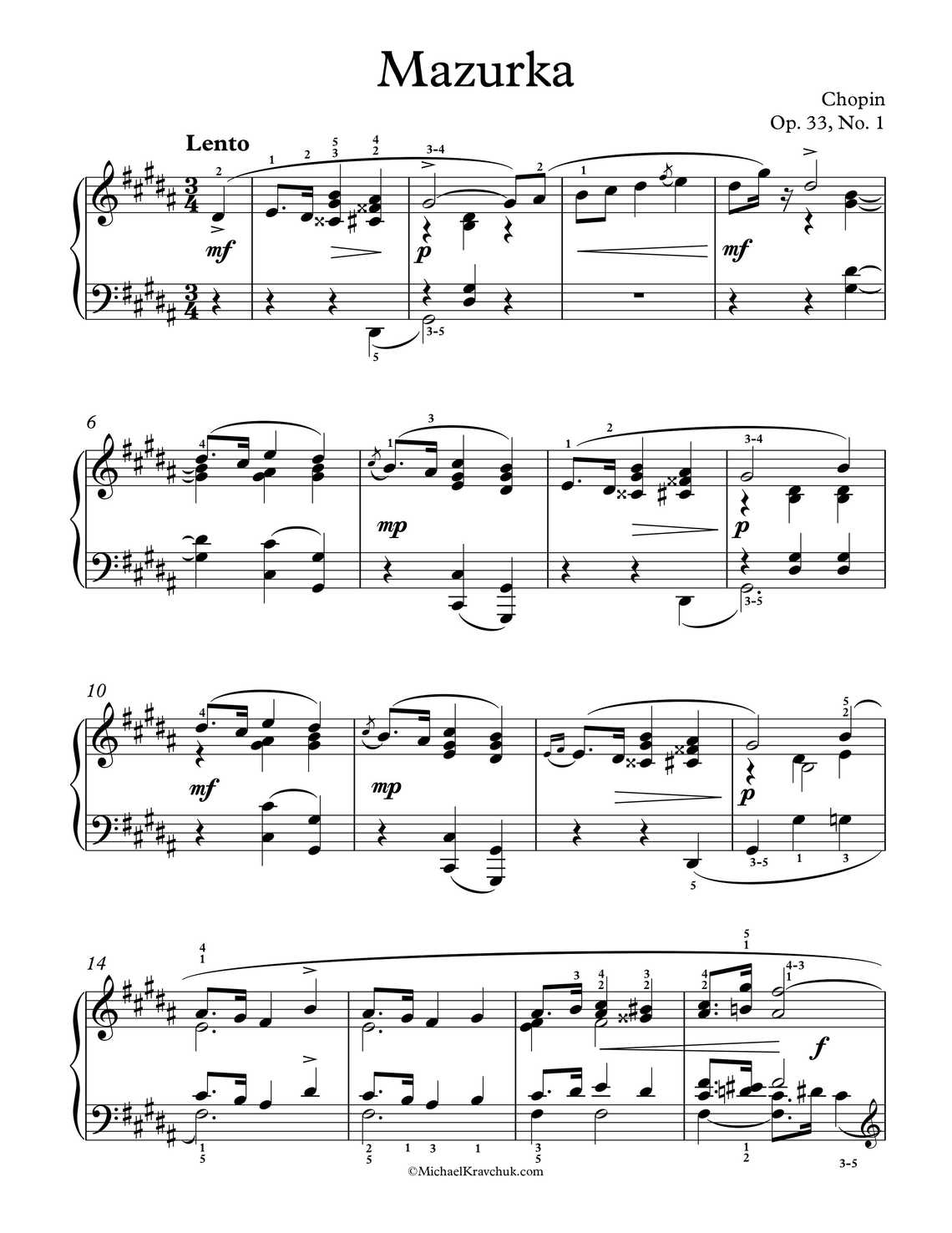Free Piano Sheet Music - Mazurka Op. 33, No. 1 - Chopin