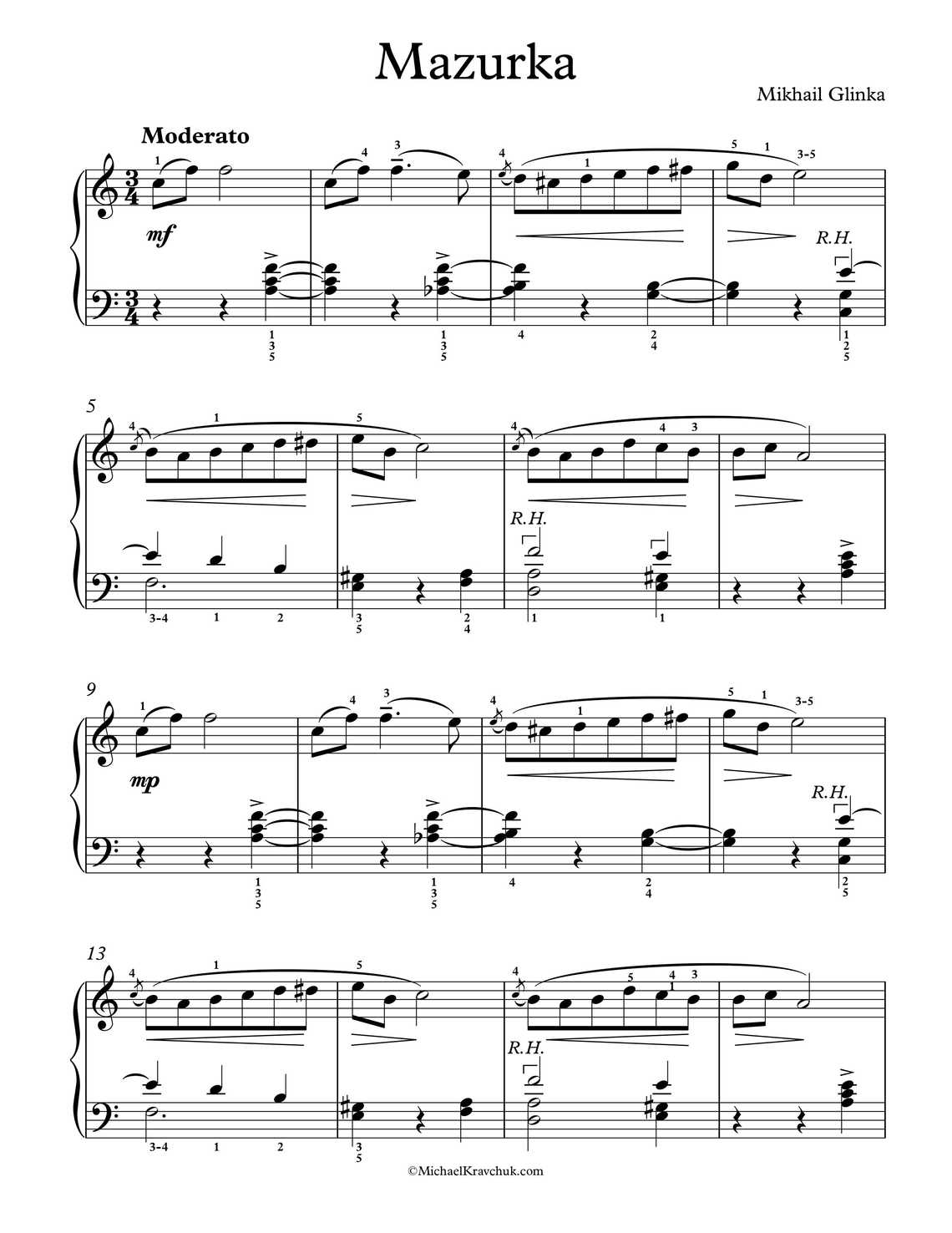 Free Piano Sheet Music - Mazurka in C Major - Glinka