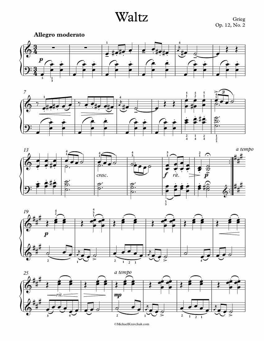 Free Piano Sheet Music - Waltz Op. 12, No. 2 - Grieg