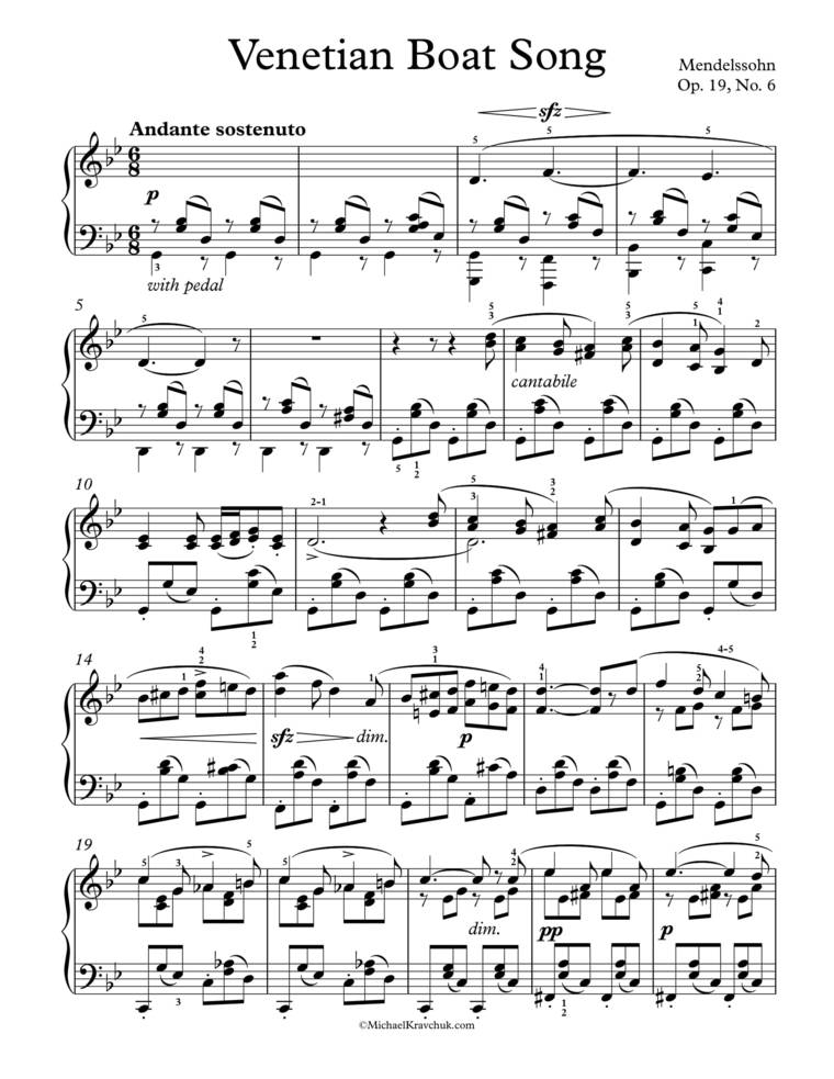 Free Piano Sheet Music - Venetian Boat Song Op. 19, No. 6 - Mendelssohn