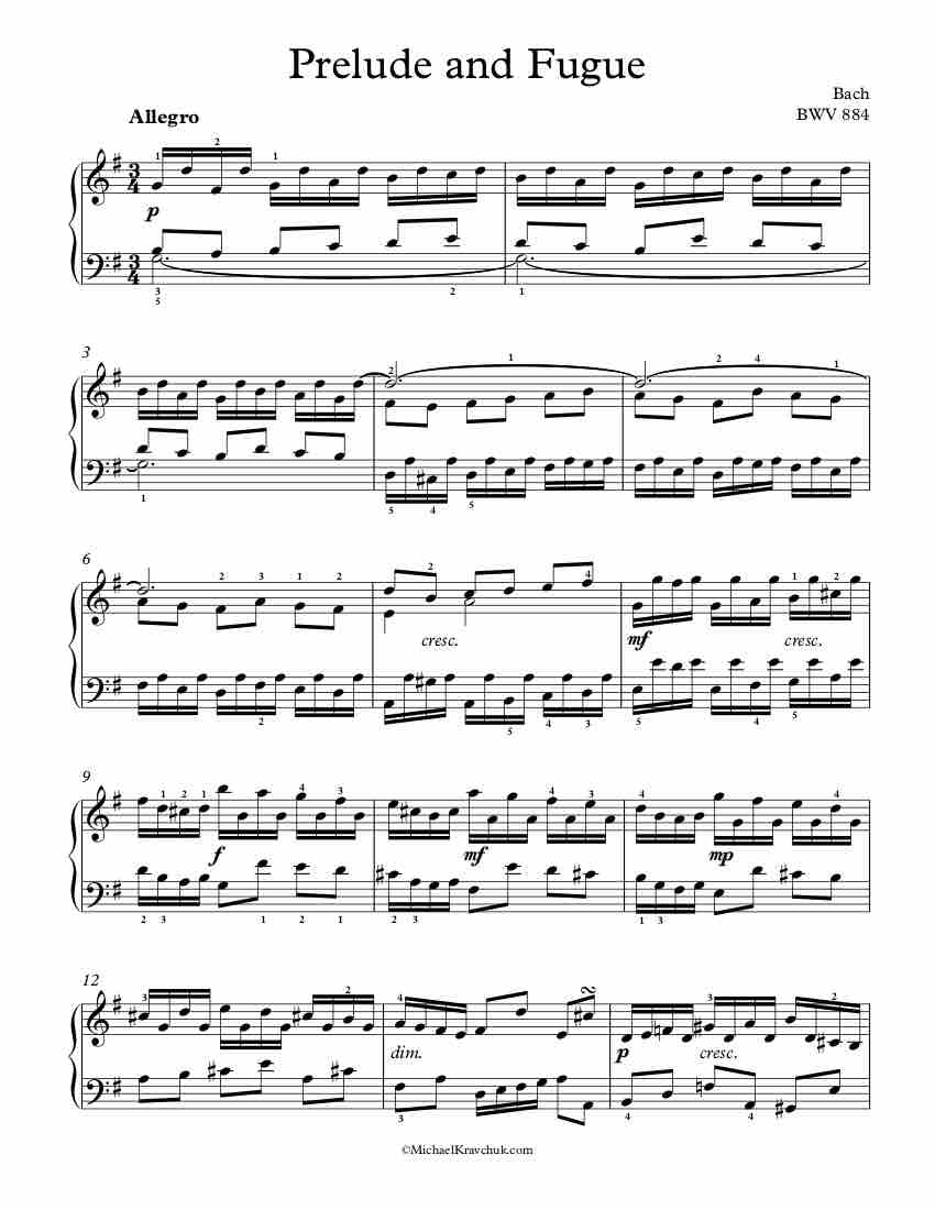 Free Piano Sheet Music - Prelude and Fugue In G Major - WTC BK.2 - BWV 884 - Bach