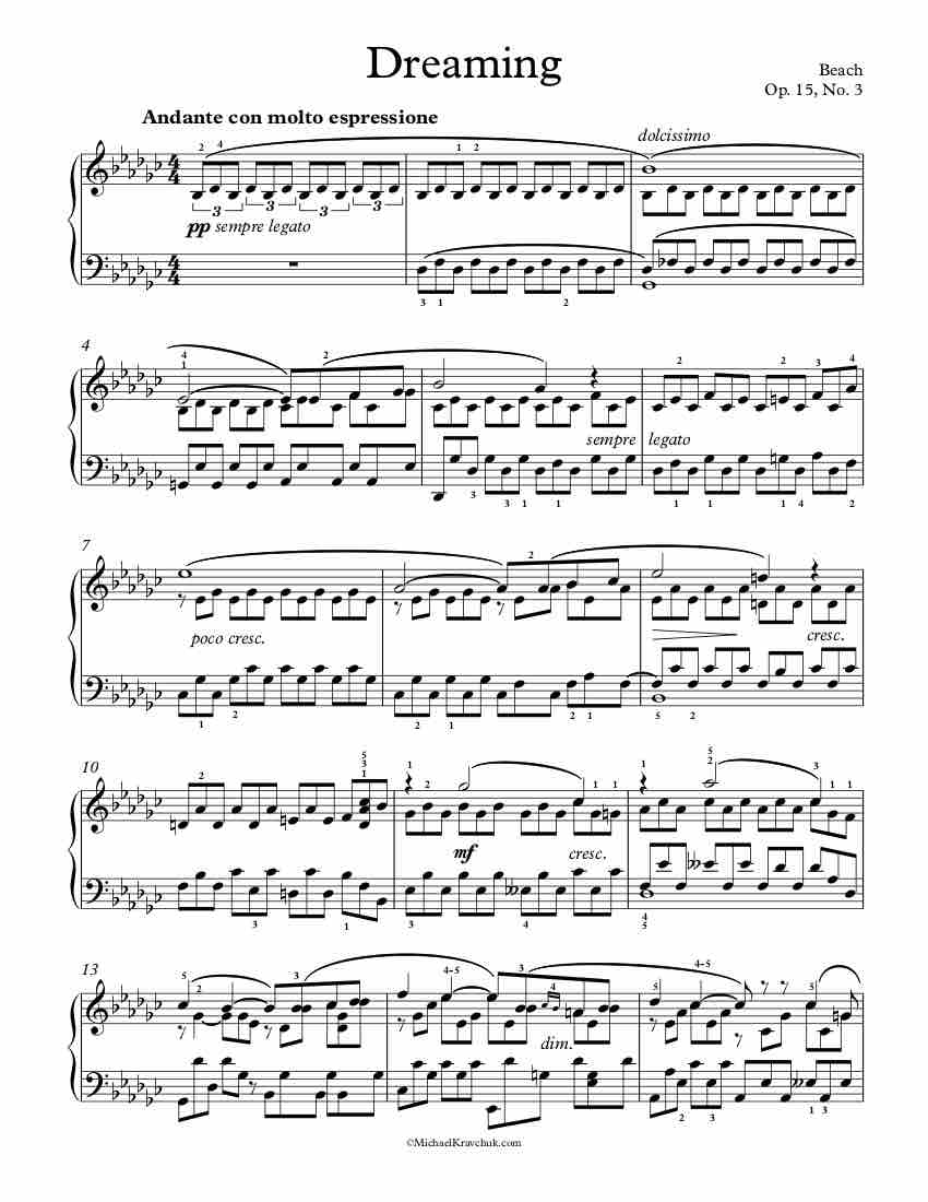 Free Piano Sheet Music - Dreaming Op. 15, No. 3 - Beach