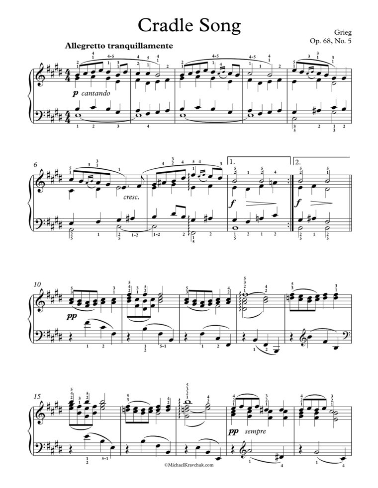 Free Piano Sheet Music - Cradle Song Op. 68, No. 5 - Grieg