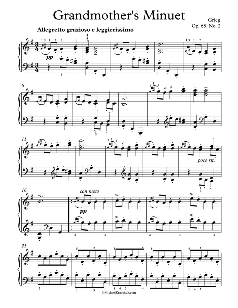 Free Piano Sheet Music - Grandmother's Minuet Op. 68, No. 2 - Grieg 