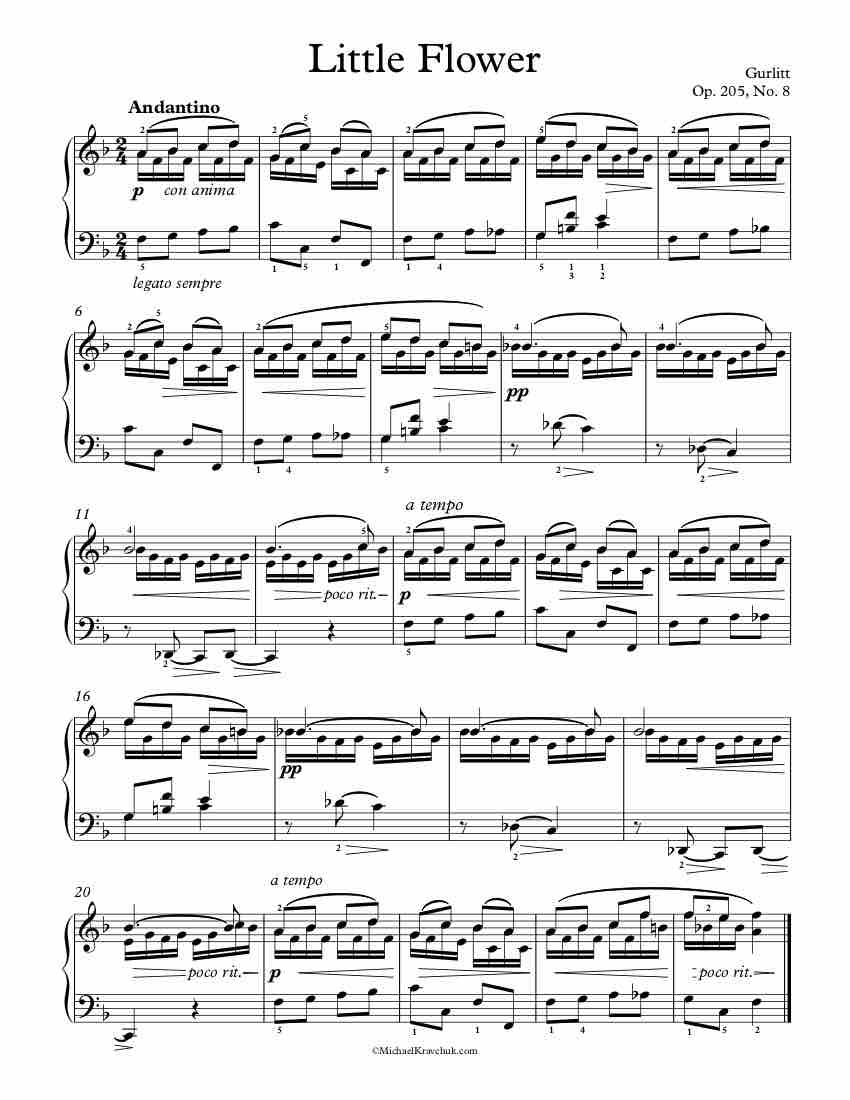 Free Piano Sheet Music - Little Flower Op. 205, No. 8 - Gurlitt