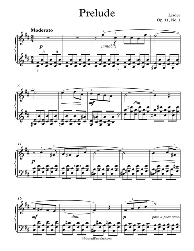 Free Piano Sheet Music - Prelude Op. 11, No. 1 - Liadov 