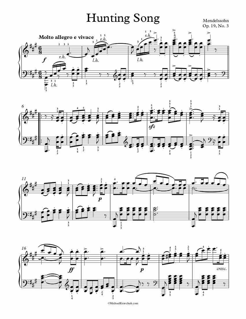 Free Piano Sheet Music - Hunting Song Op. 19, No. 3 - Mendelssohn