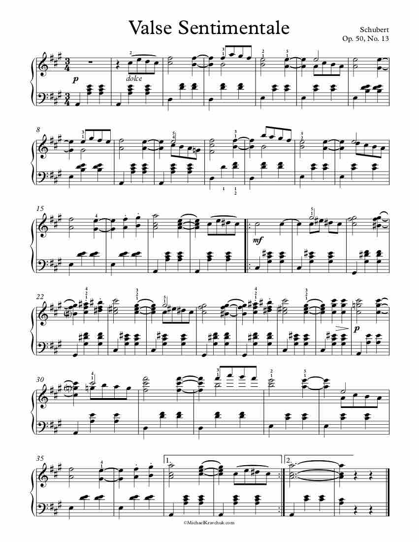 Free Piano Sheet Music - Valse Sentimentale Op. 50, No. 13 - Schubert