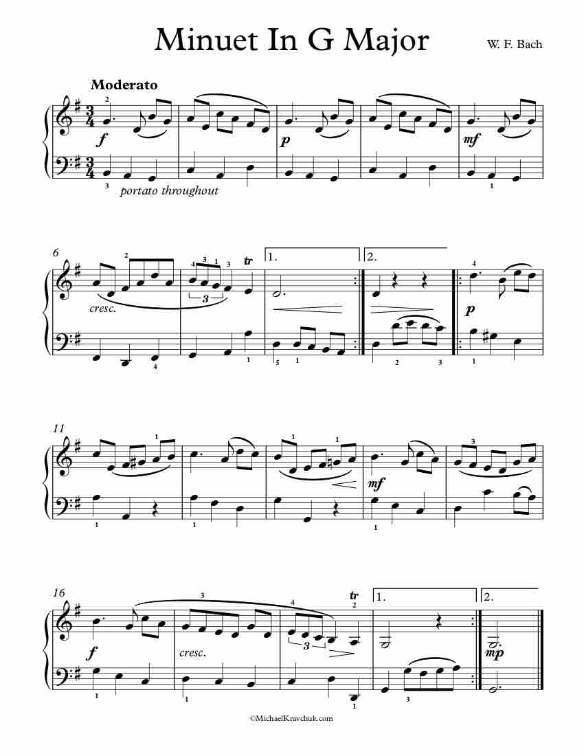 Free Piano Sheet Music - Minuet In G Major - W. F. Bach