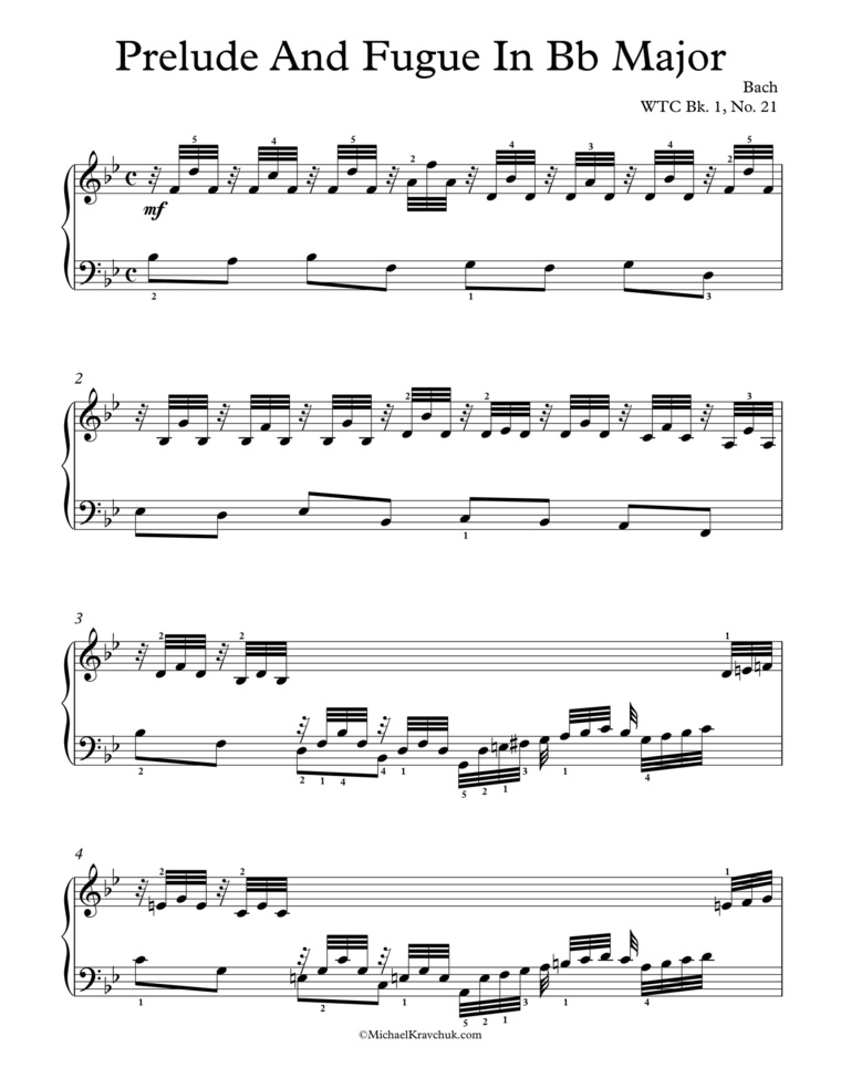 Free Piano Sheet Music - Prelude And Fugue In Bb Major, WTC Bk. 1, No. 21 - Bach