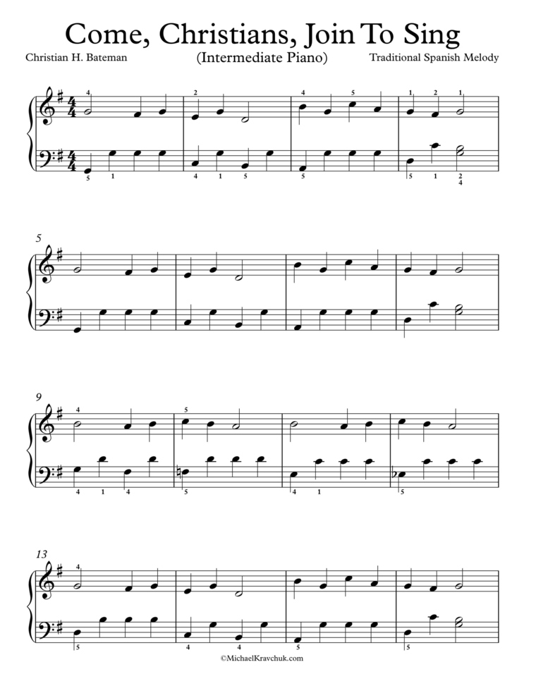 Free Piano Arrangement Sheet Music - Come, Christians, Join To Sing