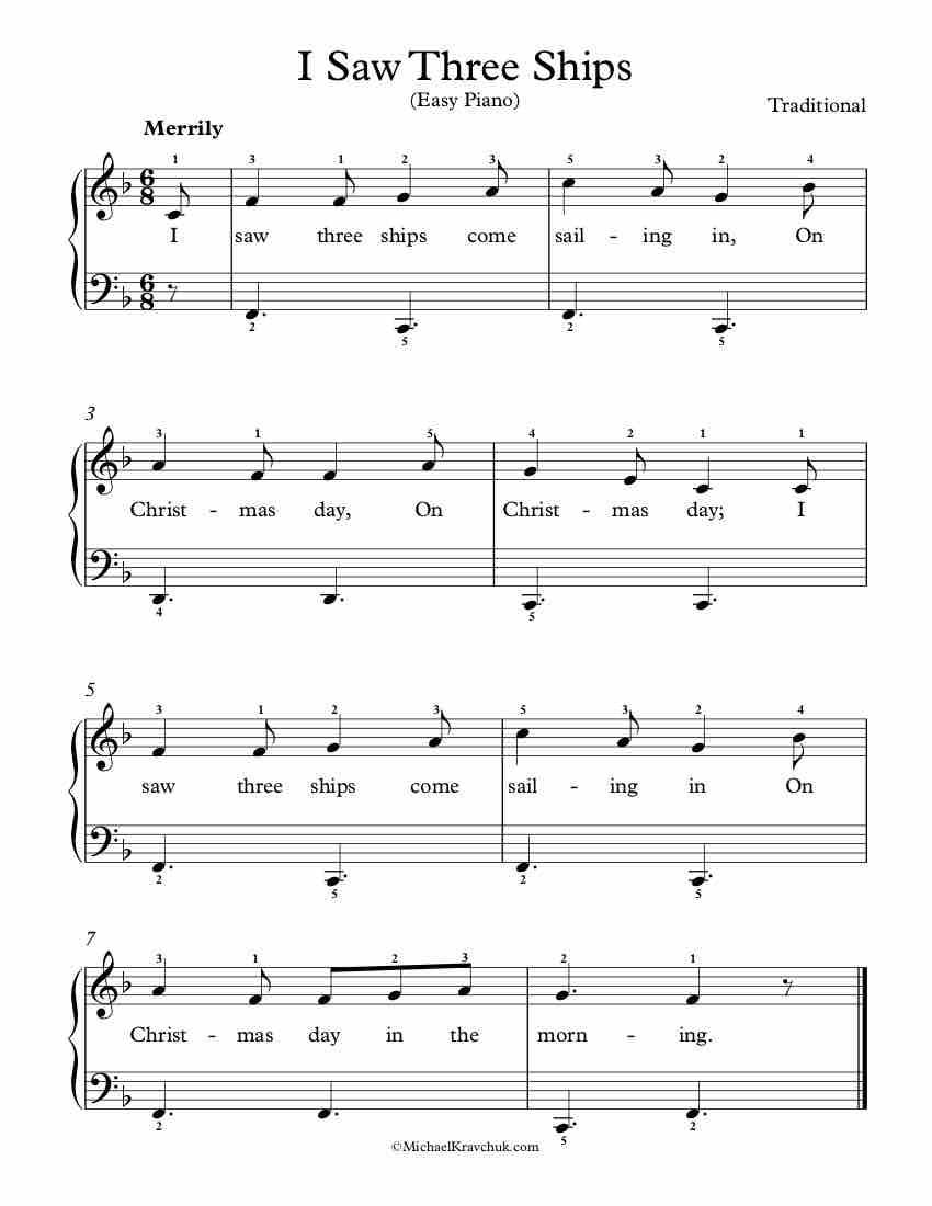 Free Piano Arrangement Sheet Music - I Saw Three Ships - Easy