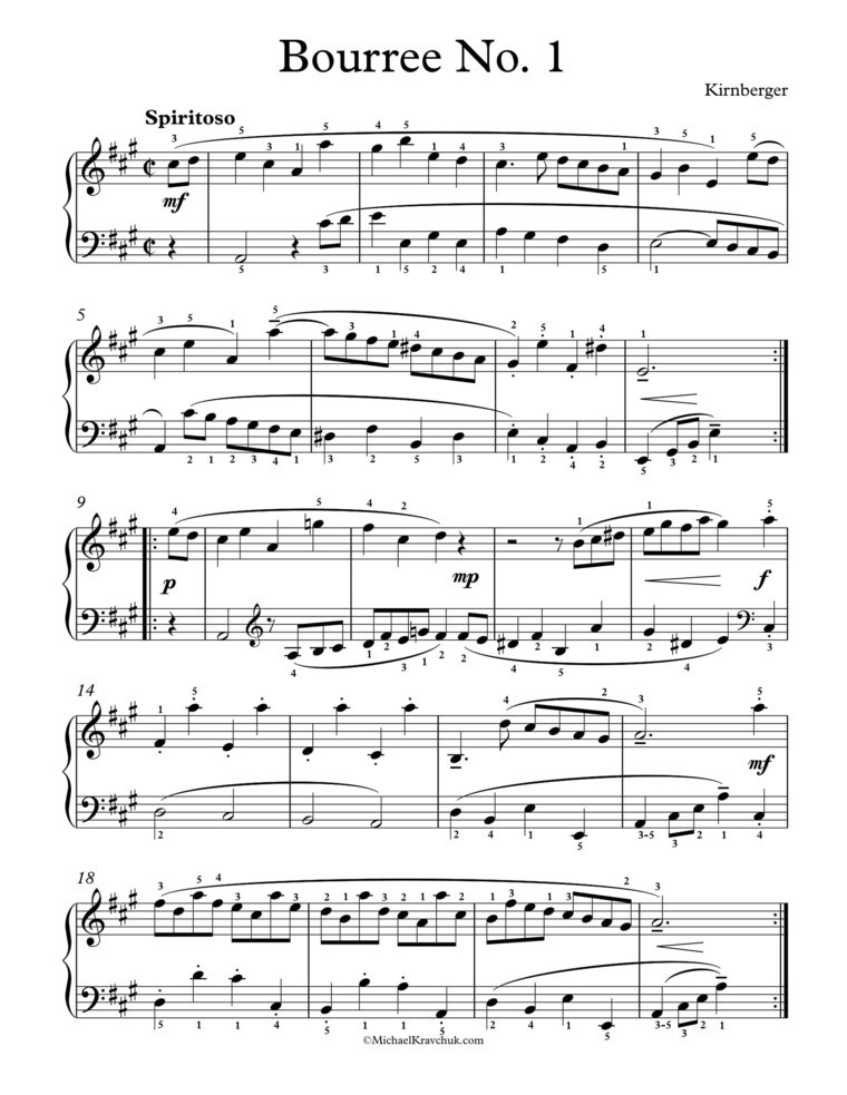 Free Piano Sheet Music - Bourree No. 1 - Kirnberger