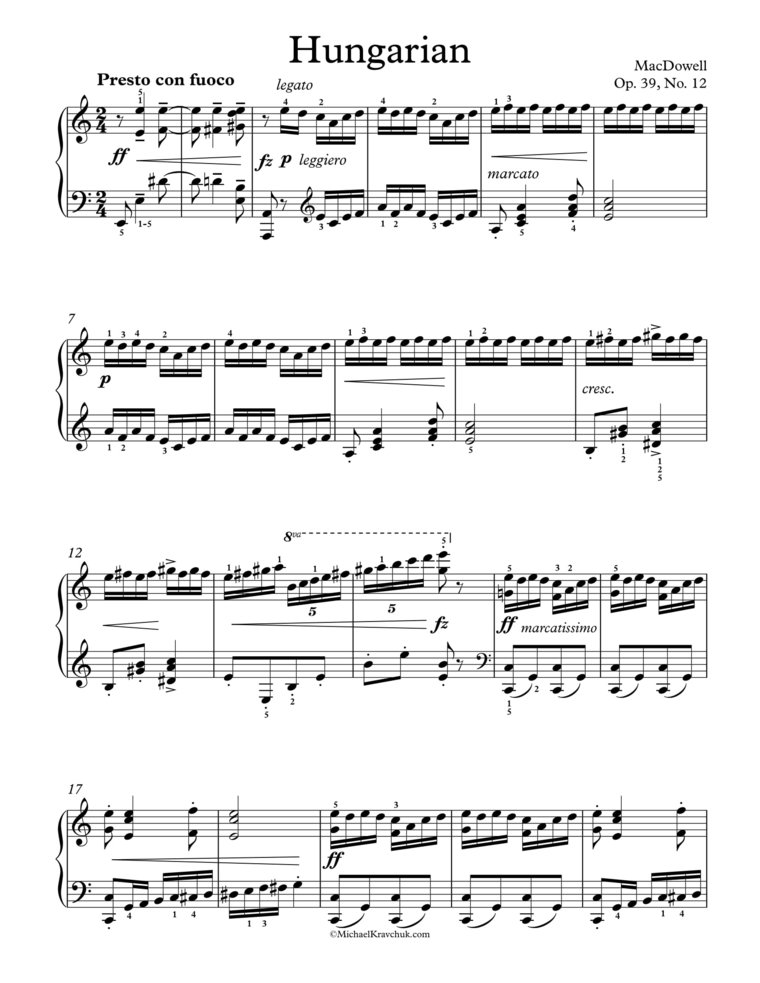 Free Piano Sheet Music - Hungarian Op. 39, No. 12 - MacDowell
