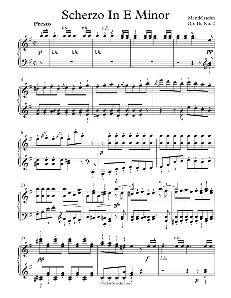 Free Piano Sheet Music - Scherzo In E Minor Op. 16, No. 2 - Mendelssohn