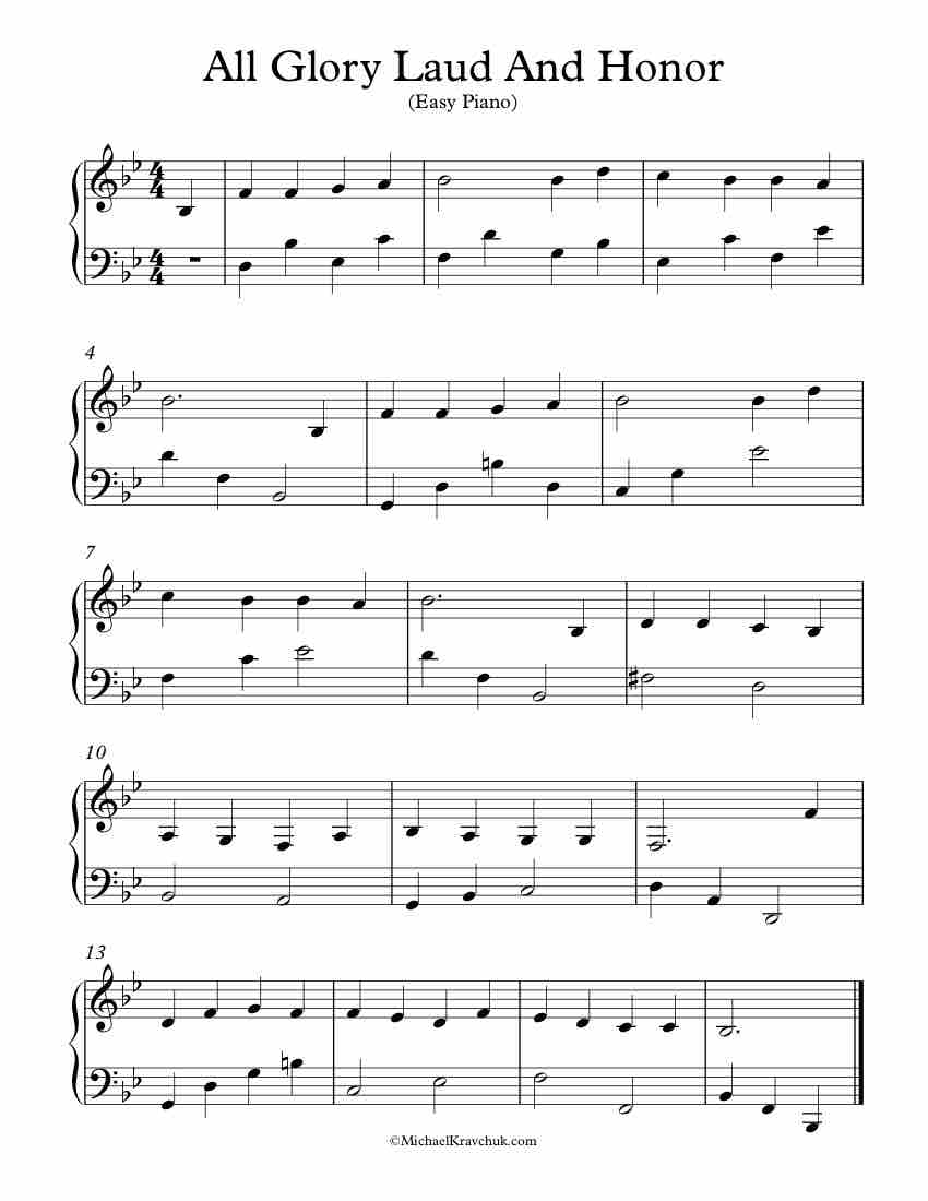 Free Piano Arrangement Sheet Music - All Glory Laud And Honor - Easy