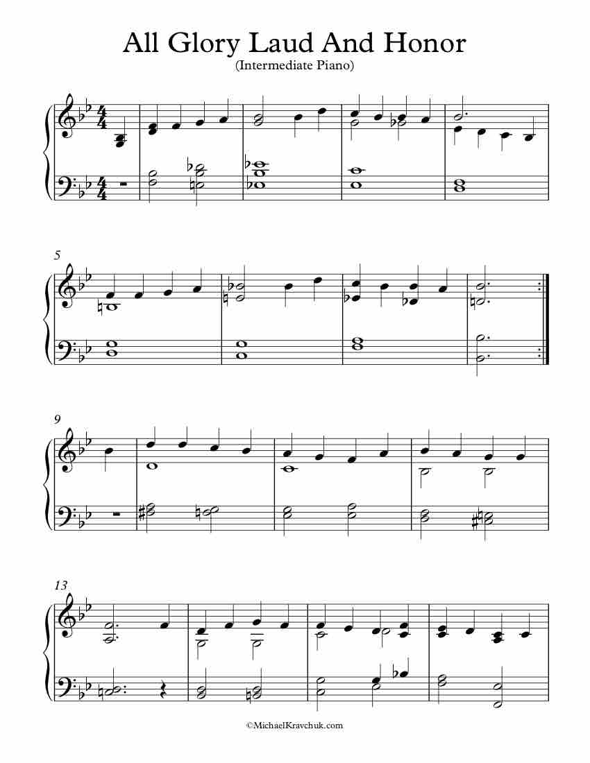 Free Piano Arrangement Sheet Music - All Glory Laud And Honor - Intermediate