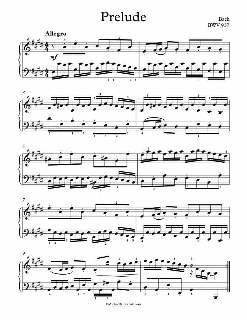 Derrotado Reorganizar estudiante universitario Free Piano Sheet Music – Prelude – BWV 937 – Bach – Michael Kravchuk