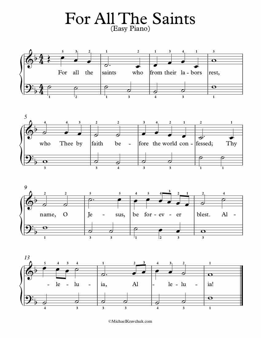 Free Piano Arrangement Sheet Music - For All The Saints - Easy