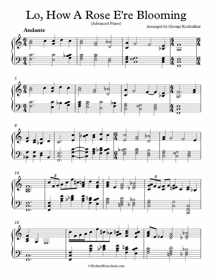 Free Piano Arrangement Sheet Music - Lo, How A Rose E'er Blooming - Advanced