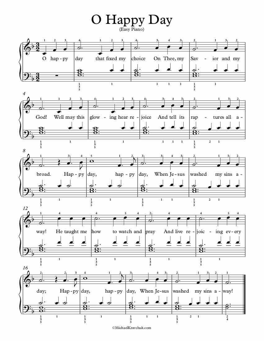 Free Piano Arrangement Sheet Music - O Happy Day - Easy