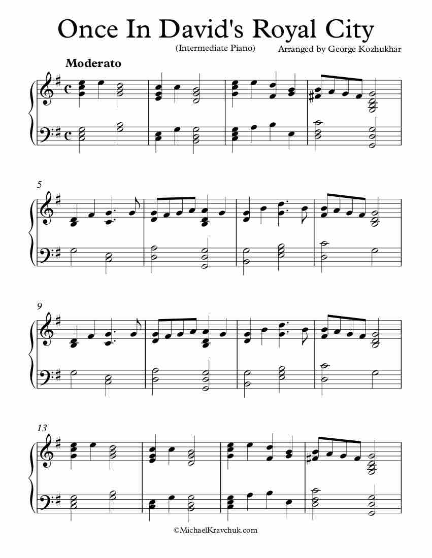 Free Piano Arrangement Sheet Music - Once In David's Royal City - Intermediate