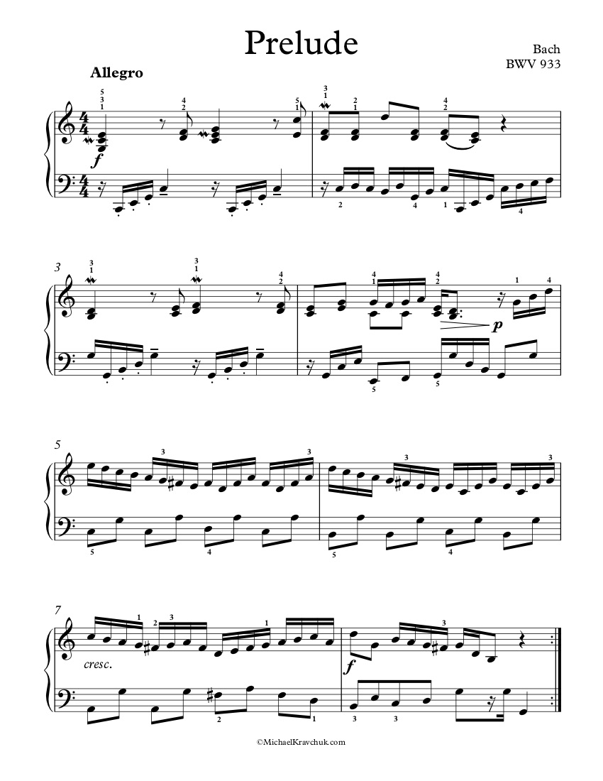 Free Piano Sheet Music - Prelude BWV 933 - Bach