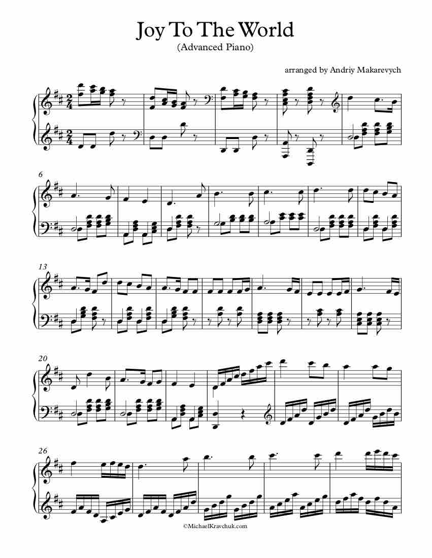 Free Piano Arrangement Sheet Music – Joy To The World – Michael Kravchuk
