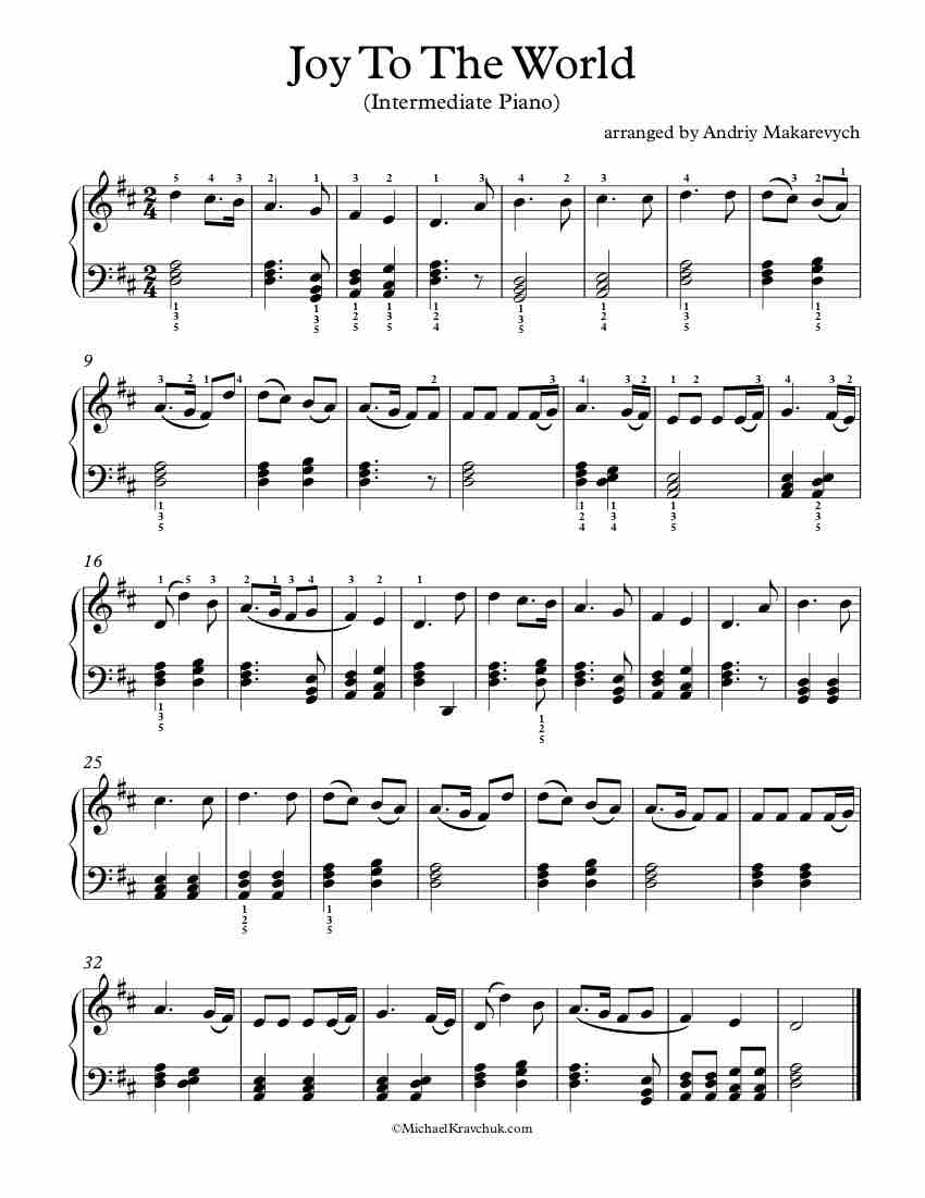 Free Piano Arrangement Sheet Music  - Joy To The World - Intermediate