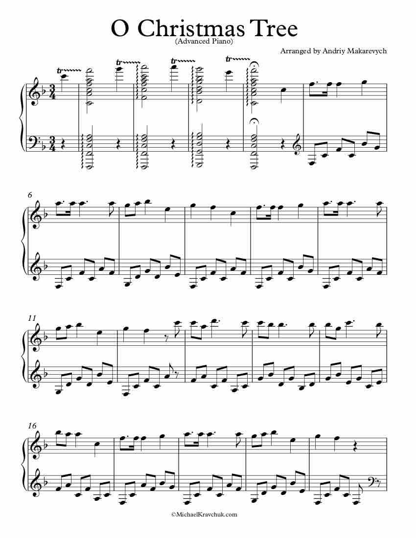 Free Piano Arrangement Sheet Music – O Christmas Tree – Michael Kravchuk