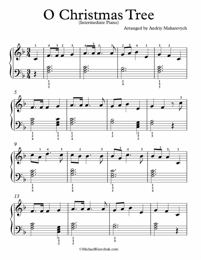 Free Piano Arrangement Sheet Music - O Christmas Tree - Intermediate