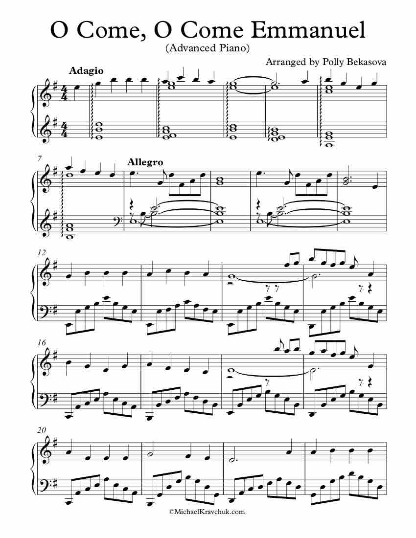 Free Piano Arrangement Sheet Music - O Come, O Come Emmanuel - Advanced