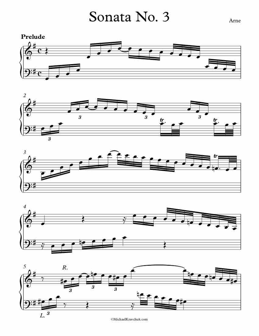 Free Piano Sheet Music - Sonata No. 3 - Arne