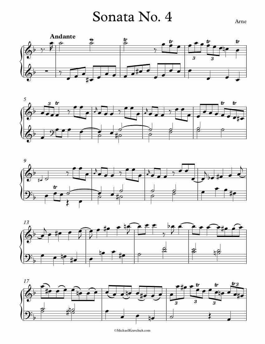 Free Piano Sheet Music - Sonata No. 4 - Arne
