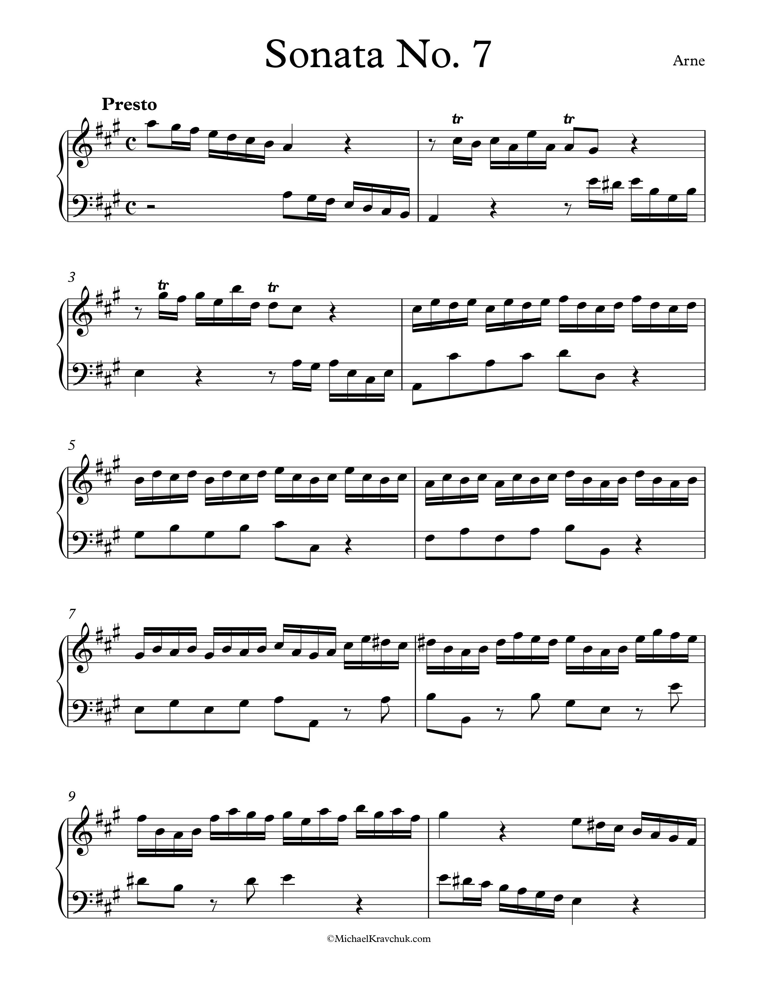 Free Piano Sheet Music - Sonata No. 7 - Arne